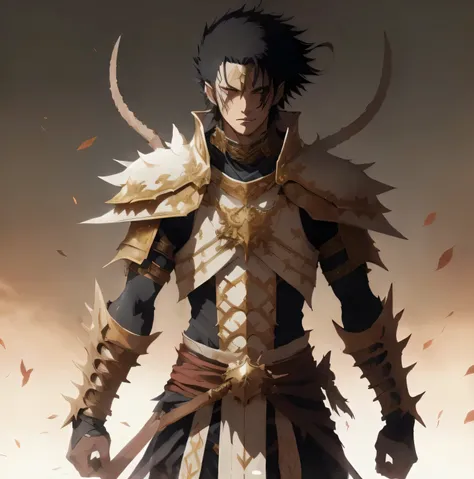 anime character with a sword and armor in a cloudy sky, handsome guy in demon slayer art, a human male paladin, male warrior, epic exquisite character art, male paladin, arsen lupin as a paladin, epic fantasy digital art style, black and gold armor, d&d da...