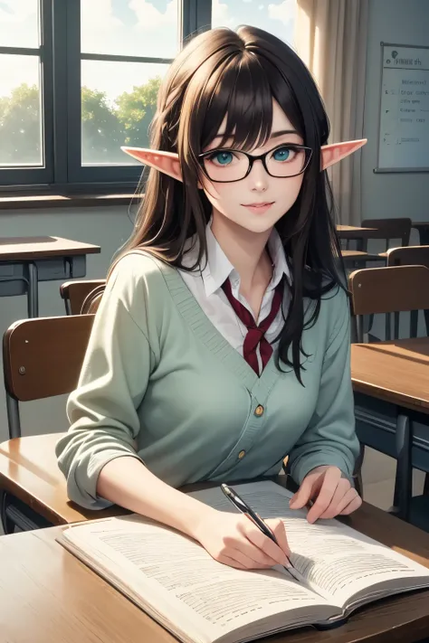 ((best quality)), ((masterpiece)), (detailed), perfect face, brown hair, long hair, elf ears, glasses, green eyes, teacher, in classroom, book in hand