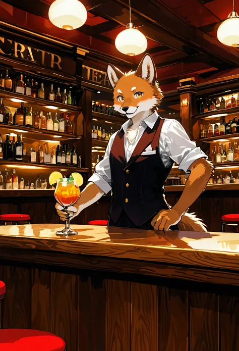 top quality, best quality, High-quality illustrations, masterpiece, super high resolution, detailed background, bartender, bar, cocktail, absurdres, perfect anatomy, expression, good lighting, cinematic shadow(kemono, furry anthro)dynamic angle,