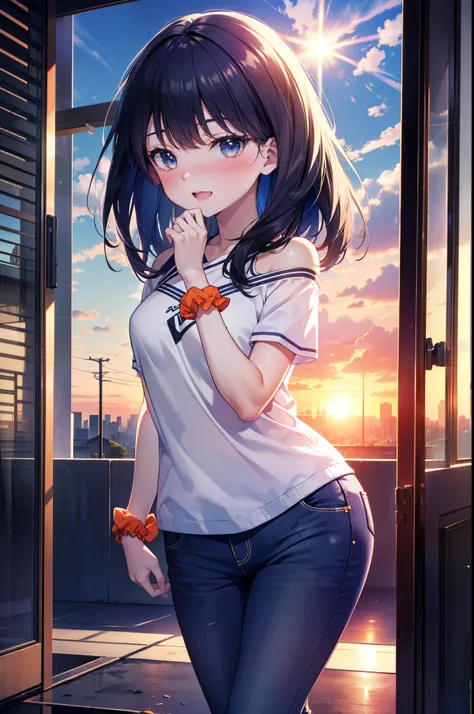 Rikka body, rikka takarada, Black Hair, blue eyes, Long Hair, orange Scrunchie, Scrunchie, wrist Scrunchie,happy smile, smile, Open your mouth,blush,hair band,Cord Off Shoulder Top,Short sleeve,Skinny denim pants,High Top Sneakers,morning,morning陽,The sun ...