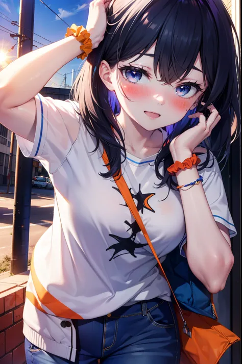 Rikka body, rikka takarada, Black Hair, blue eyes, Long Hair, orange Scrunchie, Scrunchie, wrist Scrunchie,happy smile, smile, Open your mouth,blush,hair band,Cord Off Shoulder Top,Short sleeve,Skinny denim pants,High Top Sneakers,morning,morning陽,The sun ...