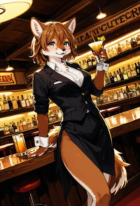 top quality, best quality, High-quality illustrations, masterpiece, super high resolution, detailed background, bartender, bar, cocktail, absurdres, perfect anatomy, expression, good lighting, cinematic shadow(kemono, furry anthro)dynamic angle,