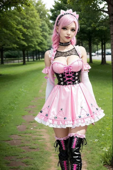 sexy stylish Swedish model, only 1 female, ((doll-like appearance)), long neon pink stylish hair, ((shiny Punk-Style boots)), (big smile), ultra detailed eyes, Punk makeup, lipgloss, long lashes, defined eyebrows, ((sexy Punk Lolita cosplay)), unconvention...