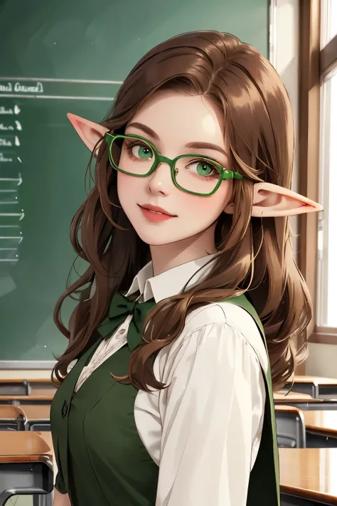 ((best quality)), ((masterpiece)), (detailed), perfect face, brown hair, long hair, short elf ears, glasses, green eyes, girl as a teacher, in classroom