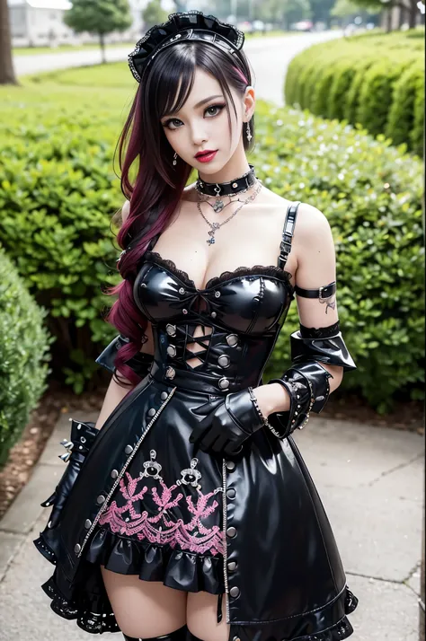 sexy stylish female model, only 1 female, ((doll-like appearance)), long dramatic stylish hair, ((shiny Punk-Style boots)), (big smile), ultra detailed eyes, Punk makeup, lipgloss, ((sexy Punk Lolita cosplay)), unconventional skirt, petticoats, high neckli...