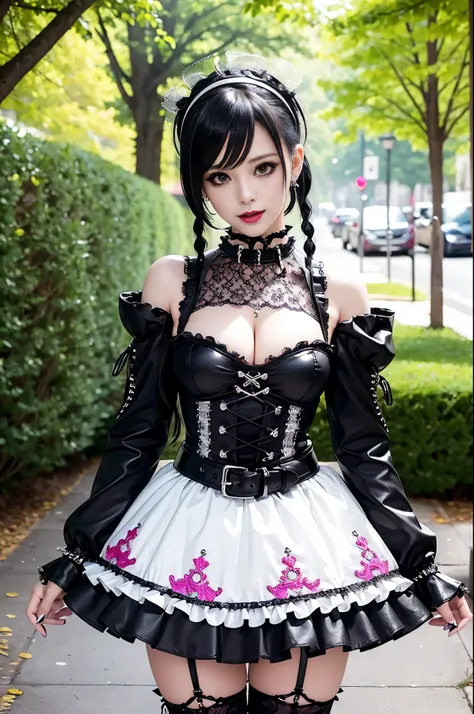 sexy stylish female model, only 1 female, ((doll-like appearance)), long dramatic stylish hair, ((shiny Punk-Style boots)), (big smile), ultra detailed eyes, Punk makeup, lipgloss, ((sexy Punk Lolita cosplay)), unconventional skirt, petticoats, high neckli...