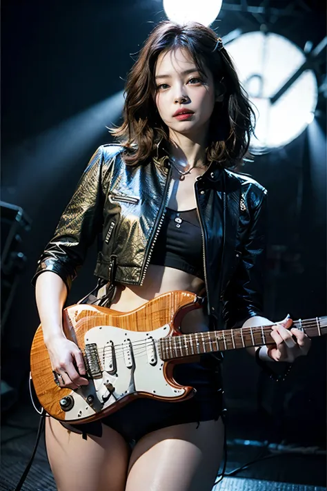 Guitarra electrica en la mano de la chica,cara hermosa como la de una rockera, cabello suelto ondulado, electronic red guitar, cabello suelto como la de un rockero, chica tocando la guitarra electrica en el piso de un escenario concierto de banda, banda de...