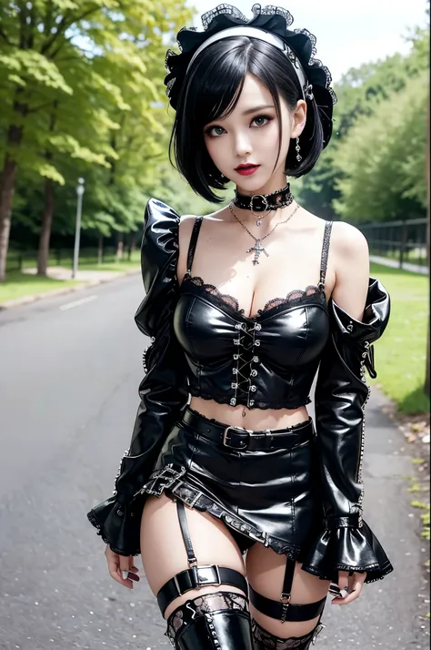 sexy stylish female model, only 1 female, ((doll-like appearance)), short dramatic stylish hair, ((shiny Punk-Style boots)), (big smile), ultra detailed eyes, Punk makeup, lipgloss, ((sexy Punk Lolita cosplay)), unconventional skirt, petticoats, high neckl...