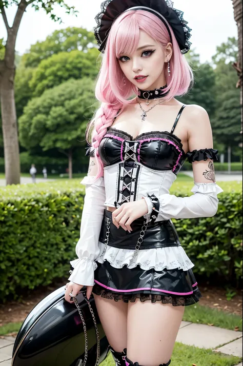 sexy stylish Swedish model, only 1 female, ((doll-like appearance)), short neon pink stylish hair, ((shiny Punk-Style boots)), (big smile), ultra detailed eyes, Punk makeup, lipgloss, ((sexy Punk Lolita cosplay)), unconventional skirt, petticoats, high nec...