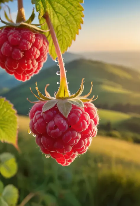 a delicate cluster of (raspberry: 1.19) (hanging from stem) (iridescent) (made of opal: 1.19), (divine iridescent glowing: 1.39), (opalescent textures: 1.09), growing in the early morning light, (wet: 0.49). in the background beautiful valleys, , volumetri...