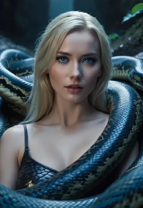 (Cinematic Still Frame), Movie Still,  Norse female goddess, ((Hel)), pale skin, blonde hair, blue eyes, Lying in a pit of snakes, python (snake), horror, gaze, Eyelight, grimdark, detailed facial features, magic, dark cave, cool color temperatures, damp, ...