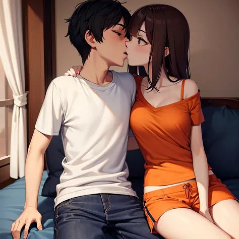 Amazing portrait of a young woman wearing white and orange striped t shirt and orange shorts and young boy wearing a navy blue t shirt and black shorts sitting on a bed together and kissing and making out passionately in a sexy and hot and lustful setting