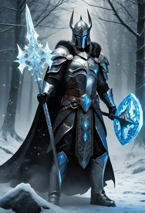 A stunning dynamic pose, 2handed war hammer highly detailed dark fantasy full body illustration of a mystic MAN. he walks in frost mountain, big gems in each shoulder and chest,frost god,crown dark HKStyle armor, crown helmet,cracked armor, cracked , crist...