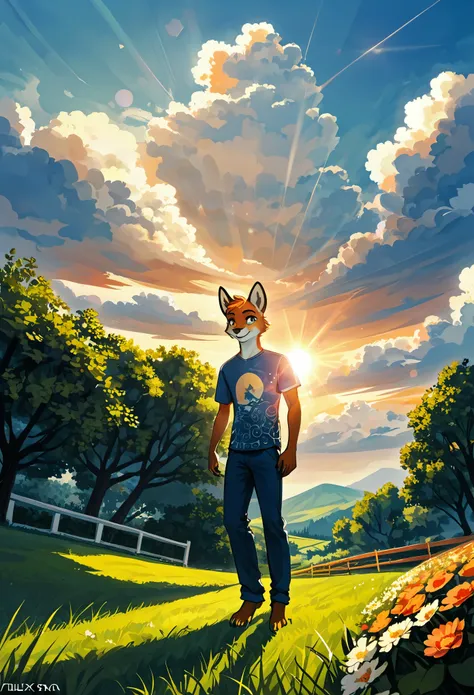 top quality, highres, High-quality illustrations, unparalleled masterpiece(movie of life)farm, Blue sky, clouds, florals Beautiful garden(furry anthro, solo, boy, casual fashion, Relux pose, Smile)absurdres, perfect anatomy, caustics, cinematic lighting, l...