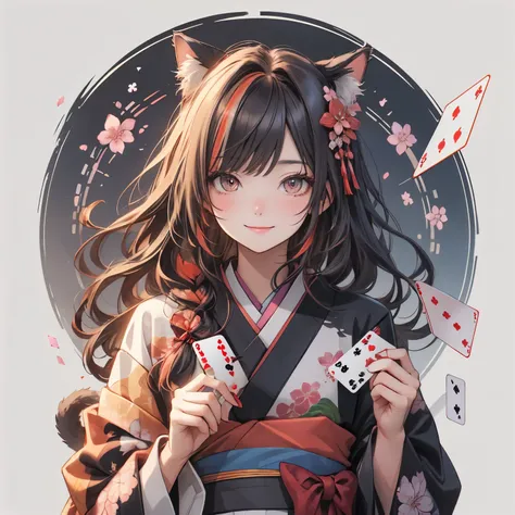 A cat wearing a red ribbon、Russet Hair、Russet eyes、Rainbow clothing、One song for a hundred、playing card、Twelve-layered kimono、Rainbow-colored kimono、card、smile、cherry blossoms