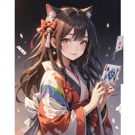 A cat wearing a red ribbon、Russet Hair、Russet eyes、Rainbow clothing、One song for a hundred、playing card、Twelve-layered kimono、kimono、card、smile、cherry blossoms