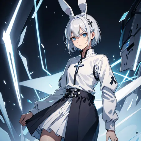 cross, priest outfit, short silver hair, blue eyes, serious looks. looking at viewer, cowboy shot, solo, silver bunny ears