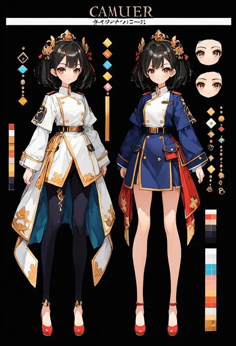 anime - style image of a character with a variety of hair and accessories, anime set style, anime character reference sheet, fantasy uniform, flat anime style, anime full body illustration, full_body!!, complete detailed body, extra detailed body, anime vt...