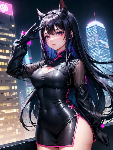 anime, (obra de arte, melhor qualidade, ultra-detalhado, Alto contraste), 1 mulher (sozinho, corpo todo, corpo plus size, standing on the edge of the skyscraper, cabelo prateado, LONGO em um rabo de cavalo, olhos vermelhos, olhos perfeitos brilhos de rubi,...