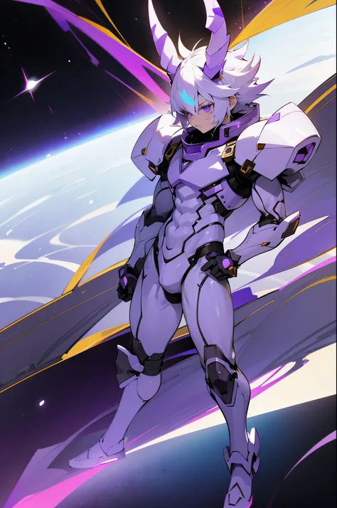 short white hair, purple eyes, purple horned helmet, muscular male, in space, pale white skin, serious face, full body,purple space amor, camera in front of person, golden armor platings on body, arms in pockets