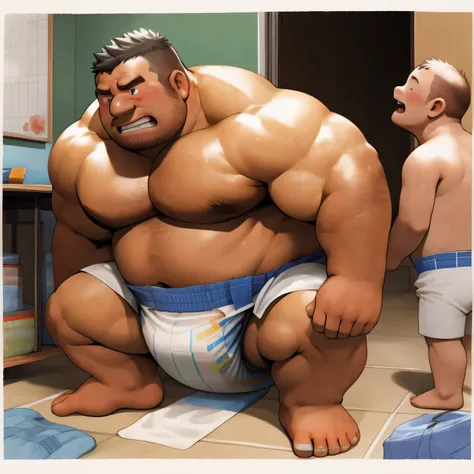 masterpiece, Top quality, in 32K, perfect anatomy, hyper detailed, super fine illustration, The thick man is a brutal prisoner, retarded, hairy human, 50yo in Japan, (fatness: 1.0), Fatty muscle, Bowleg, disappointment, incontinent, be diaper check by chil...