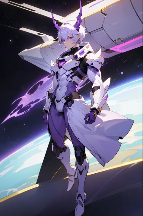 short white hair, purple eyes, purple horned helmet, muscular male, in space, pale white skin, serious face, full body,purple space amor, camera in front of person, golden armor platings on body, arms in pockets