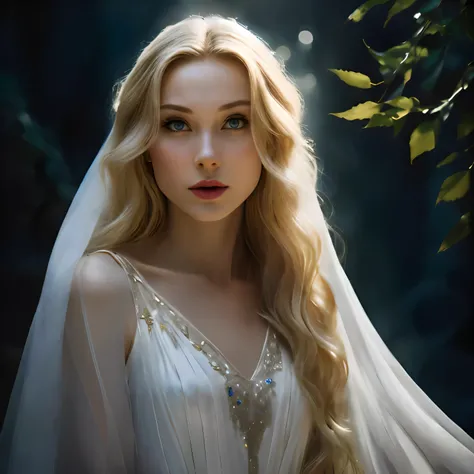 femme blonde aux cheveux longs portant une robe de mariée blanche et un voile, of elven queen Galadriel, beautiful princesse elfique, Galadriel, Galadriel in lothlórien, Galadriel from lord of the rings, Very beautiful elven supermodel, Blonde elven Empres...