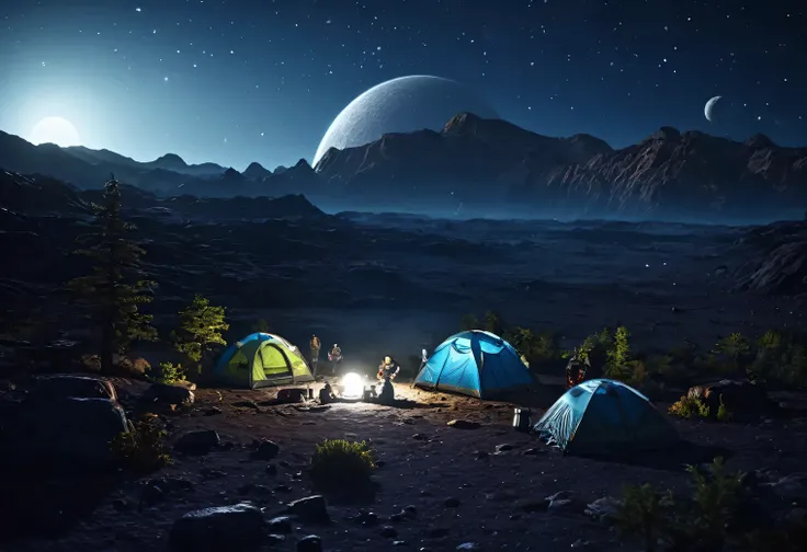 Outdoor Camping, night, alien planet, alien fauna, alien technology, alien planets and unknown constellations in the night sky, fantastic Outdoor Camping on an alien planet, cinematic frame, extremely detailed, extremely extended, hyperactive, hyper-accura...