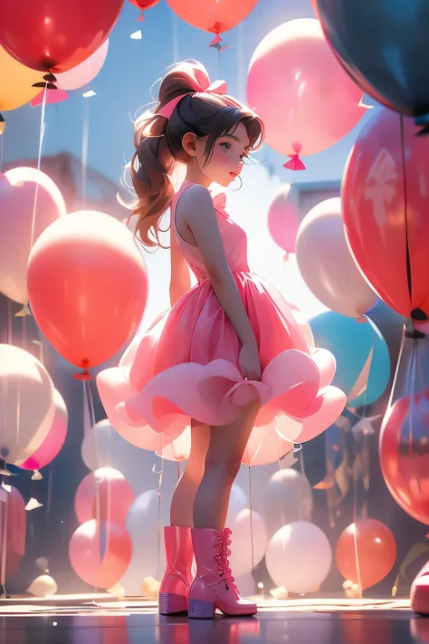 a 9 years old girl, (((full body))),  real photo, big hair ribbon,  pony tail, ((having balloons)),  pink rubber dress, boots, l...