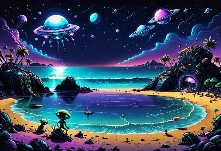 beach party, night, alien planet, alien fauna, alien sea beach, alien technology, alien planets and unknown constellations in th...