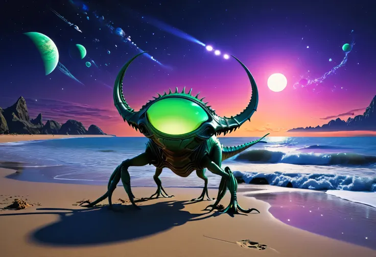 Beach dawn, morning, alien planet, alien fauna, alien sea beach, alien technology, alien planets and unknown constellations in the morning sky, alien green sun rises on the alien horizon, fantastic Beach dawn on an alien planet, alien fantastic scenery, al...