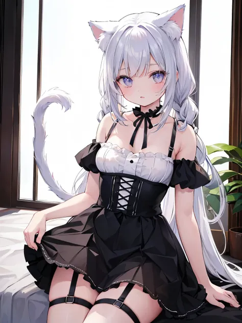 masterpiece, {{{{Highest quality}}}}, beautiful,1 girl, {{{White_long_hair}}}, {{{{One braid extending from the left side of the front hairline to the chest (one side only)}}}}, one side single braid, cat ears(White), cat tail(White), frilled choker、minisk...