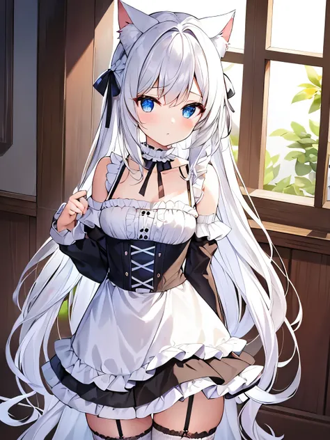 masterpiece, {{{{Highest quality}}}}, beautiful,1 girl, {{{White_long_hair}}}, {{{{One braid extending from the left side of the front hairline to the chest (one side only)}}}}, one side single braid, cat ears(White), cat tail(White), frilled choker、minisk...