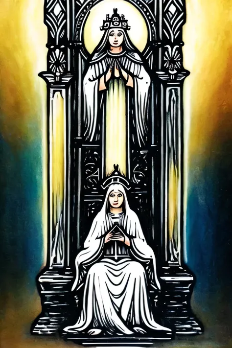 a priestess with blonde hair and ethereal appearance sitting on a throne similar to the tarot card ''the high priestess''