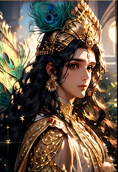 (closeup shot:1.5), style-swirlmagic, full moon, lord krishna, (absurdly long hair, black curly hair:1.3), divine ethereal beauty, wearing a (crystal crown:1.2), (glitter:1.2), (peacock feathers:1.2) extremely detailed iris, beautiful eyes