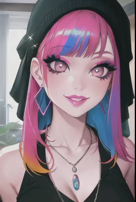 1girl, Holo-Punk Style, rainbow hair, earrings, eyelashes, grin, indoors, jewelry, lips, makeup, necklace, goth