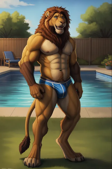 Anthro, anthro solo, realistic, anthropomorphic, body fur, 4k, hi res, detailed eyes, 8k eyes, eyes focus, colorful eyes, outdoors, pool, grass, large backyard, fence, wet bodies, blue eyes, open mouth, muscular lion male, in pool, in water, briefs, tail s...