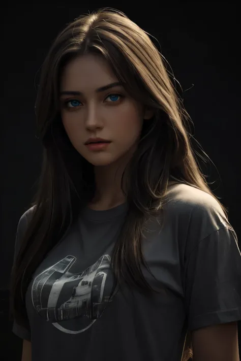 Best quality, masterpiece, ultra high res, (photorealistic:1.37), raw photo, 1girl, long hair, beautifull eyes,  beautifull face, detailed eyes and face, t-shirt, dynamic lighting, in the dark, deep shadow, low key, cowboy shot