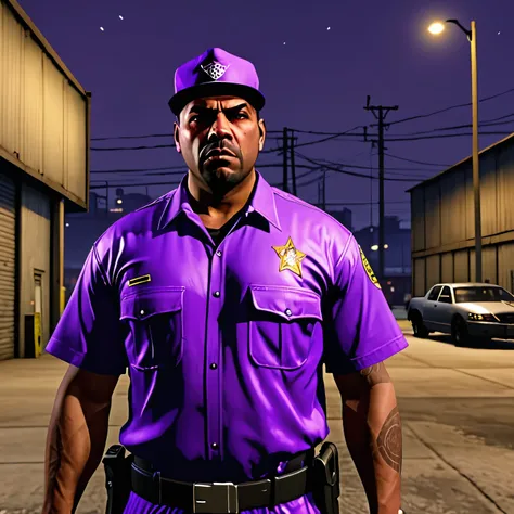 A very serious and dangerous gangster security guard dressed in purple keeping watch, outside a warehouse , Its night  ,style grand theft auto, portairt HD