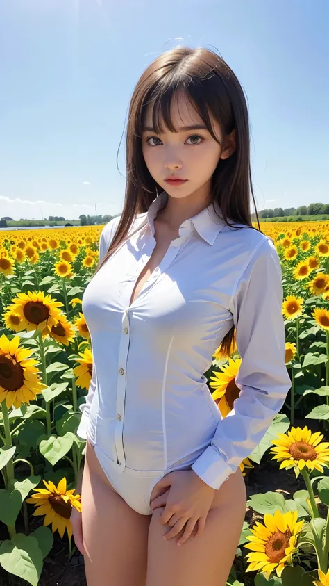 (((Vast sunflower field))), (Beautiful crotch:1.3), ((One piece school swimsuit:1.4)), ((Put on a large uniform shirt, fully open:1.5)), ((The body of a 14-year-old beautiful girl:1.3)), one person, (Baby Face:1.7), ((Hair, Smooth and shiny hair)), (Long s...