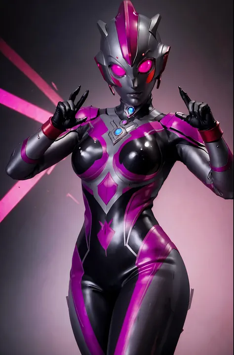 Ultraman Woman. （high quality）（luster）（(Black Face and red eyeline)）（Black and purple thema color）women only. The whole body is covered with a black bodysuit. Spike decoration. Pink lines all over the body. Heart tattoo in belly. purple coloreye. pink glow...