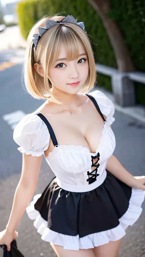 Sexy Big 、A cute 15-year-old girl with a sexy and cute look, beautiful and sexy face、A strong wind blows my hair in front of my face、Straight blonde short hair、beautiful, Cute and sexy eyes hidden behind long bangs、Sexy maid outfit