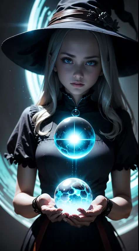 1 girl is 20 years old, A witch is neon lighting on hands, Otherworldly themes with dark fantasy and ethereal fantasy, Bright core with lots of magic orb backgrounds, fantastical realism,  La mejor calidad, highest qualityr, 8k, absurdo nada, High quality ...