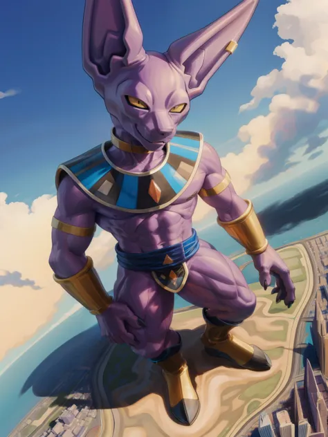 (full body), beerus, macro destroying city, high angle