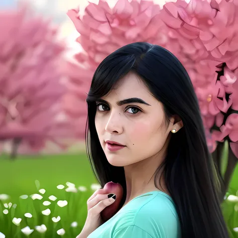 beautiful princess, highly detailed, brushstrokes, girl eating apple in field of roses, red, black, white, long black hair, bang...