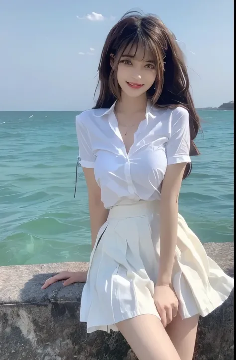 Beautiful woman with perfect body：1.4，Layered Hairstyle，Prominent cleavage：1.2，Highly detailed face and skin textures，Double eyelids，Skin Whitening，Long hair，Whitened long legs，（White shirt，Pleated Skirt）Standing by the sea