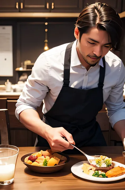 A dog sits at the dining table，The table is full of delicious food，A man stands behind a dog，Touching the dog&#39;s head