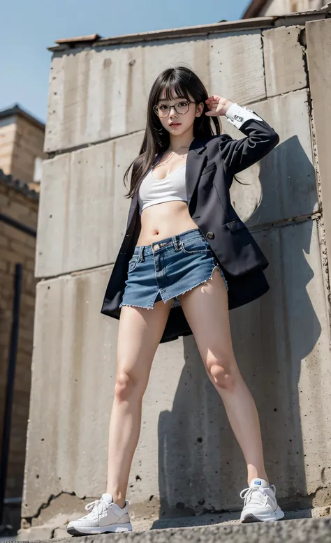 detailed_background, realistic, full body, 1girl, eye glasses, blushes, dark alley, black hair, long hair, bangs, cleavage, big bust, belly, crotch, small waist, bare legs, thighs, thicc_thights, knees, sneakers, white short sleeve blazer, arms raised, tig...