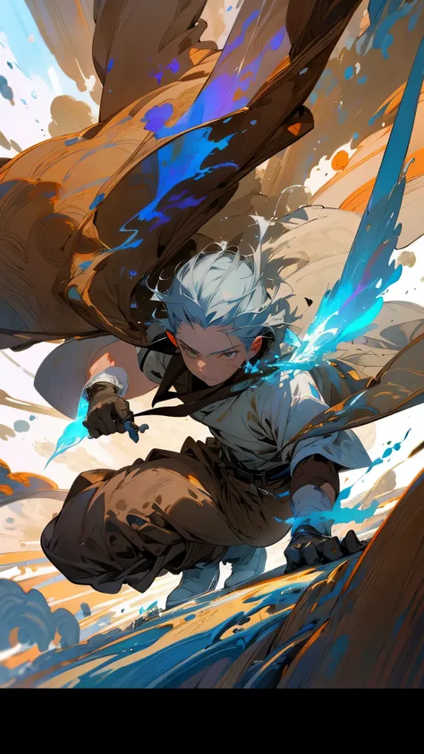 a young wizard man with gray hair and gray eyes, wearing a white shirt, brown pants, boots, gloves, and a belt, conjuring ice sh...