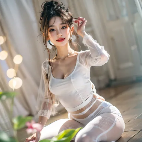 Super cute and beautiful young woman with idol hairstyle、Wearing all white tights、smile、Very detailed、4k、8k、High resolution、masterpiece:1.2、Super detailed、Photorealistic、Photorealistic:1.37、HDR、UHD 、Studio Lighting、Ultra Definition Painting、Sharp focus、Phy...